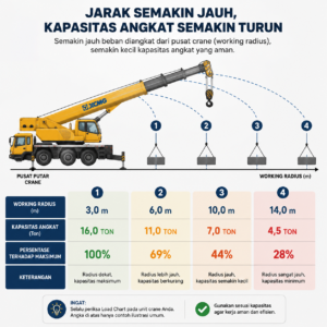Ilustrasi cara kerja working radius terhadap kapasitas angkat mobile crane.