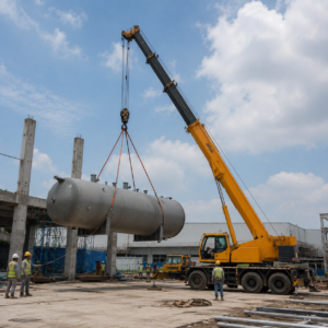 Mobile crane melakukan pekerjaan lifting komponen industri di proyek pabrik