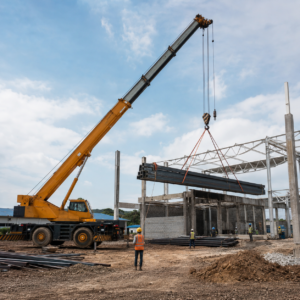Mobile crane mengangkat material konstruksi di proyek pembangunan pabrik