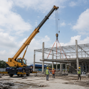 Mobile crane mengangkat material konstruksi di proyek pembangunan pabrik
