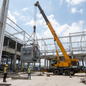 Mobile crane mengangkat mesin industri di area pembangunan pabrik