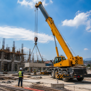 Mobile crane sedang mengangkat balok beton di proyek konstruksi Bandung dengan pekerja menggunakan APD dan latar bangunan proyek