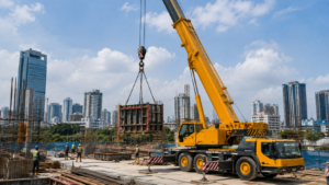 Mobile crane sedang mengangkat material berat di proyek konstruksi Jakarta.