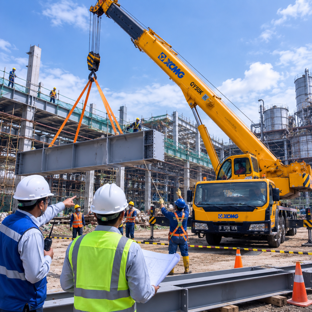 Tim layanan dukungan profesional sedang berkoordinasi mengarahkan armada sewa mobil crane 50 ton untuk pengangkatan material baja di area proyek Jakarta dan Tangerang.