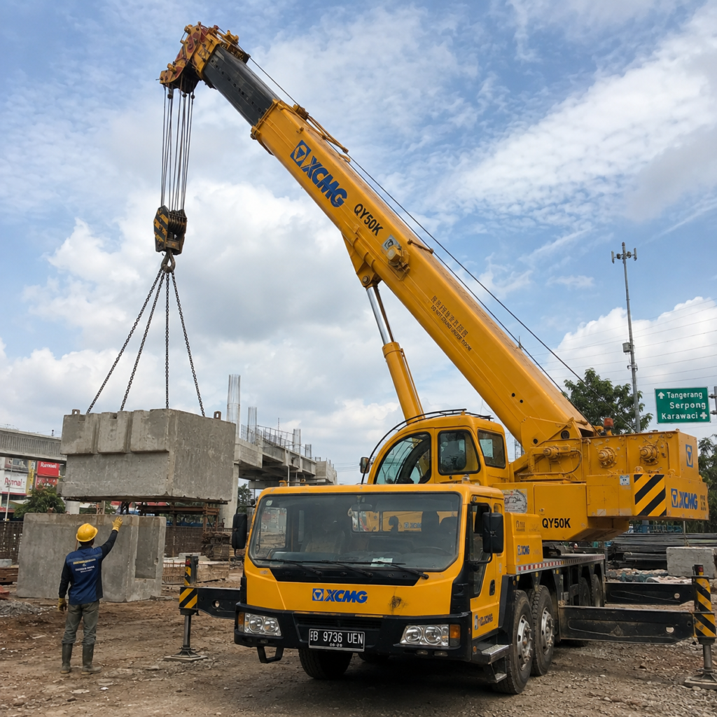 Layanan sewa mobil crane 50 ton sedang mengangkat beban berat untuk proyek di Jakarta dan Tangerang.