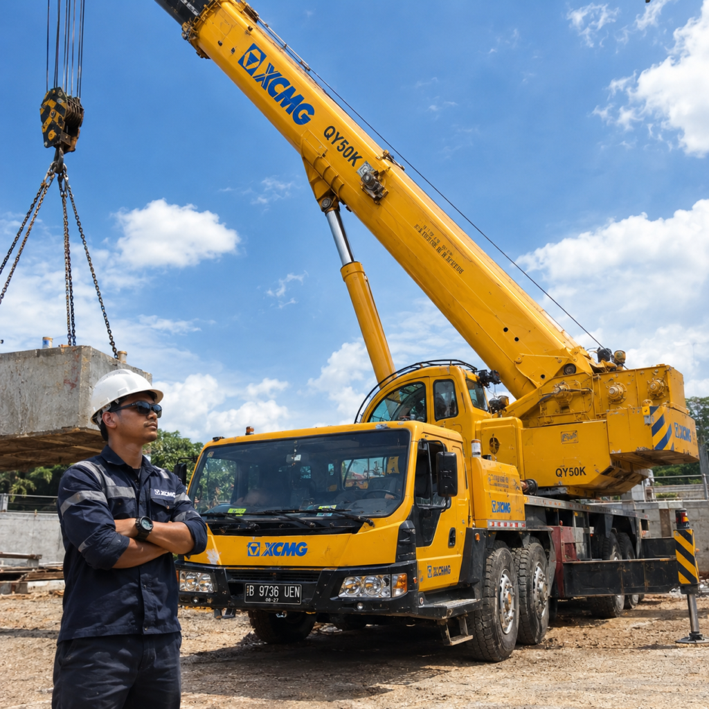 Operator profesional mengawasi armada sewa mobil crane 50 ton yang sedang beroperasi mengangkat material berat di area proyek Jakarta dan Tangerang.