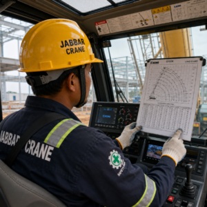 Pengecekan teknis load chart oleh operator berpengalaman dalam layanan sewa crane Pasar Kemis.
