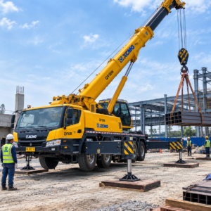 outrigger mobile crane pada area setup proyek