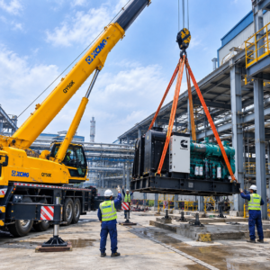 pengangkatan mesin menggunakan crane di area pabrik Tangerang