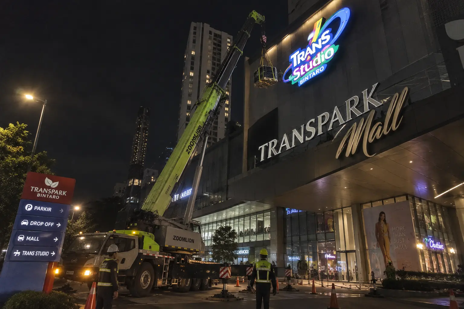 Lifting solar panel menggunakan mobile crane 70 ton di Transprak Bintaro, Tangerang Selatan